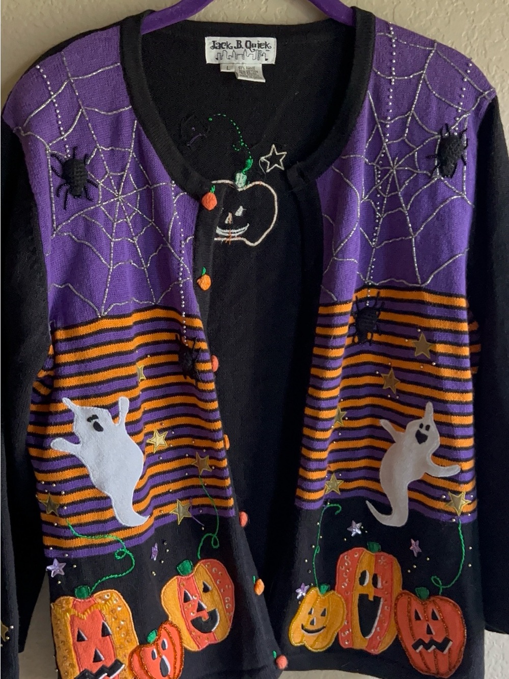 Jack B. Quick Halloween Cardigan Sweater - Black with Ghosts, Spiders, Pumpkins - Picture 4 of 9